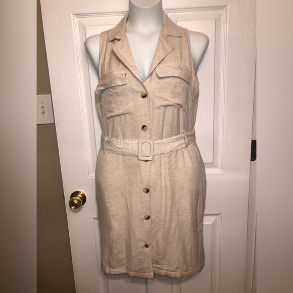 Sim & Sam Size L Linen Blend Lined Tan Sleeveless Button Up Shirt Dress w/ Belt - Picture 1 of 9